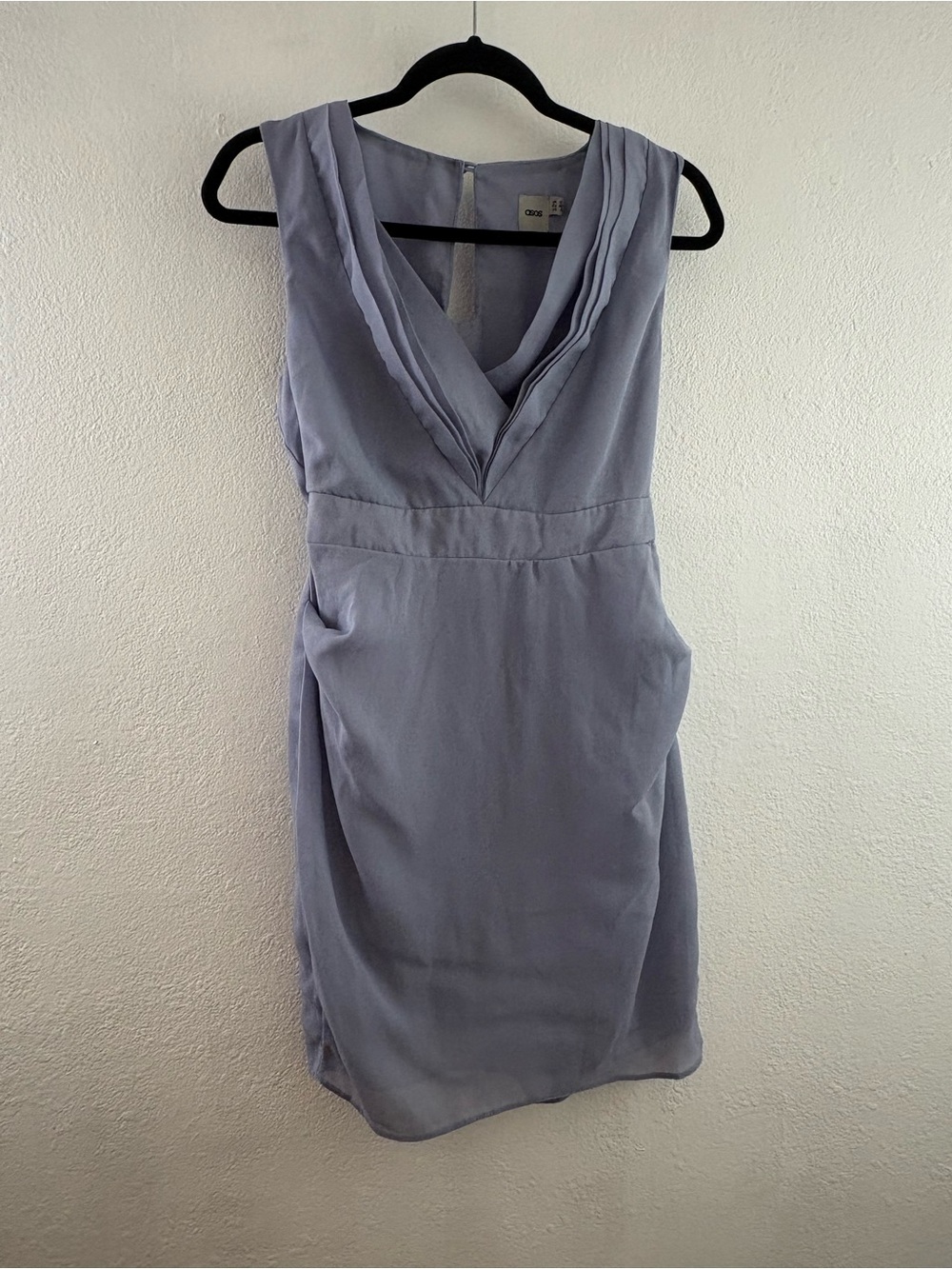 ASOS periwinkle-blue sleeveless mini dress draped cowl neckline pleated size 8